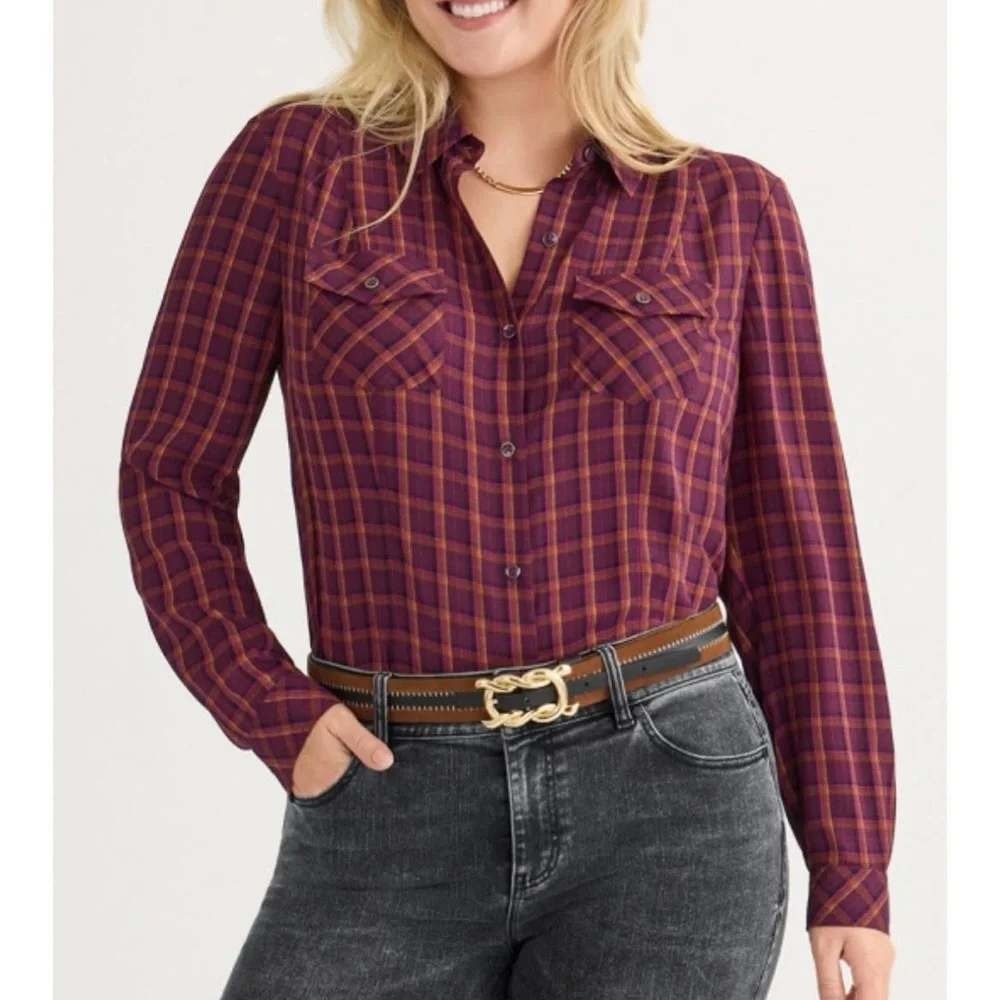 Cabi Plaid Button Down Blouse Women M Plum Orange Excellent 4790 Long Sleeve